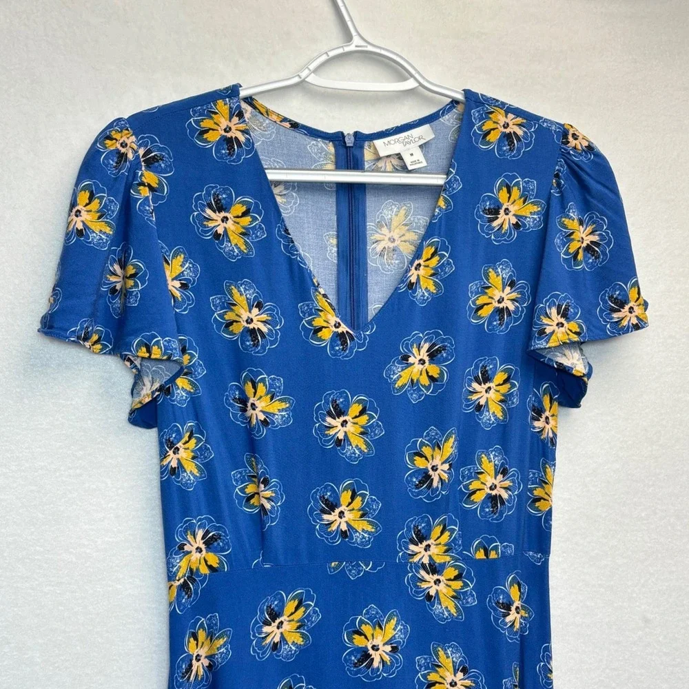 Floral Flutter Sleeve Dress Cottagecore Prairie Blue Rayon Spring Summer Flowy M